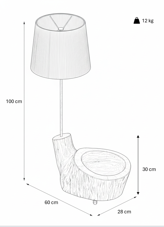 Esquema de dimensões do candeeiro de pé CUCHARRO: altura 100 cm, base 60 × 28 cm, altura da base 30 cm, peso 12 kg | LAMS Woodcrafts