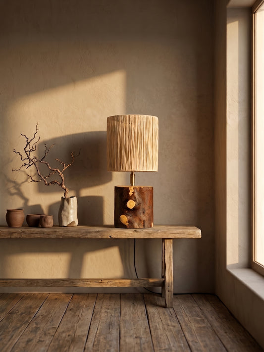Candeeiro de mesa artesanal Cotomiço da LAMS Woodcrafts com base em tronco de madeira plátano recuperada e abajur de fio de papel ráfia.