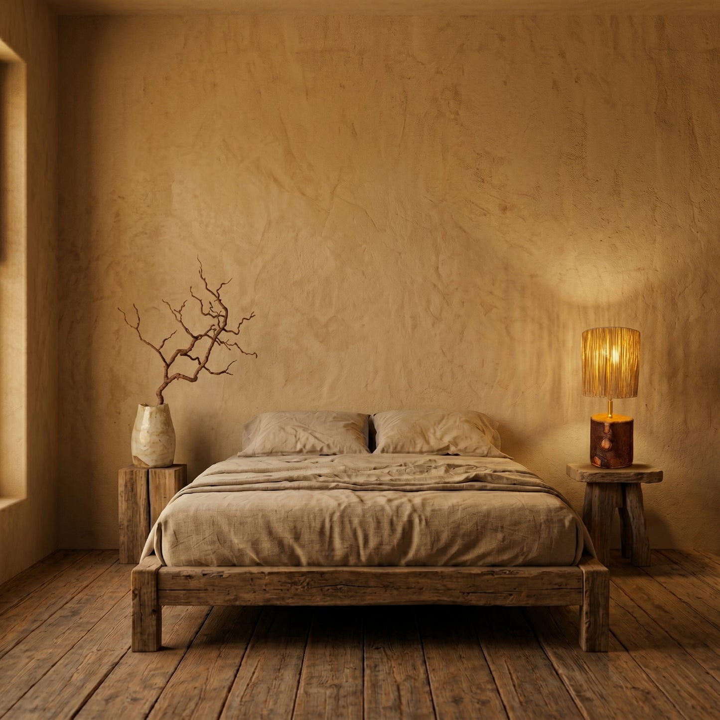 Candeeiro minimalista de estilo wabi-sabi, Cotomiço, aceso sobre um banco de madeira num ambiente de decoração de interiores.