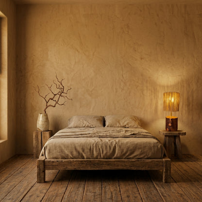 Candeeiro minimalista de estilo wabi-sabi, Cotomiço, aceso sobre um banco de madeira num ambiente de decoração de interiores.