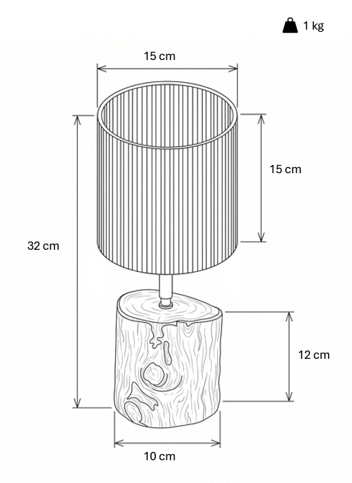Esquema técnico com dimensões do candeeiro Cotomiço da LAMS Woodcrafts: altura total de 32 cm e peso de 1 kg.