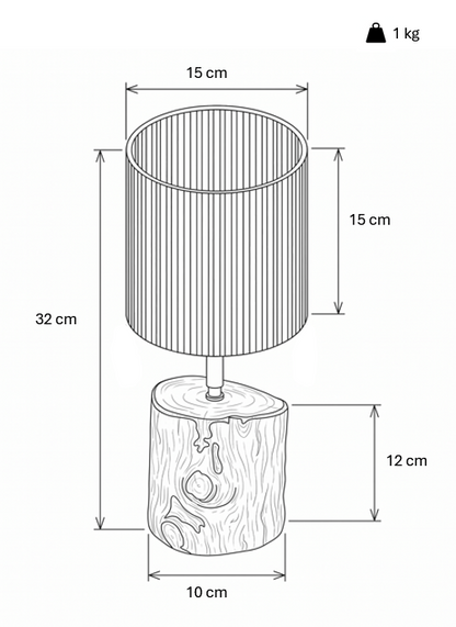 Esquema técnico com dimensões do candeeiro Cotomiço da LAMS Woodcrafts: altura total de 32 cm e peso de 1 kg.