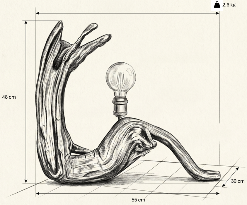 Esquema de dimensões do candeeiro de mesa GRITO: altura 48 cm, comprimento 55 cm, profundidade 30 cm, peso 2,6 kg | LAMS Woodcrafts