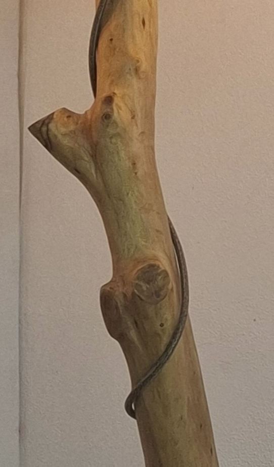 Pormenor do tronco de oliveira do candeeiro ALCE, com nós e veios naturais da madeira e o cabo têxtil enrolado em espiral | LAMS Woodcrafts