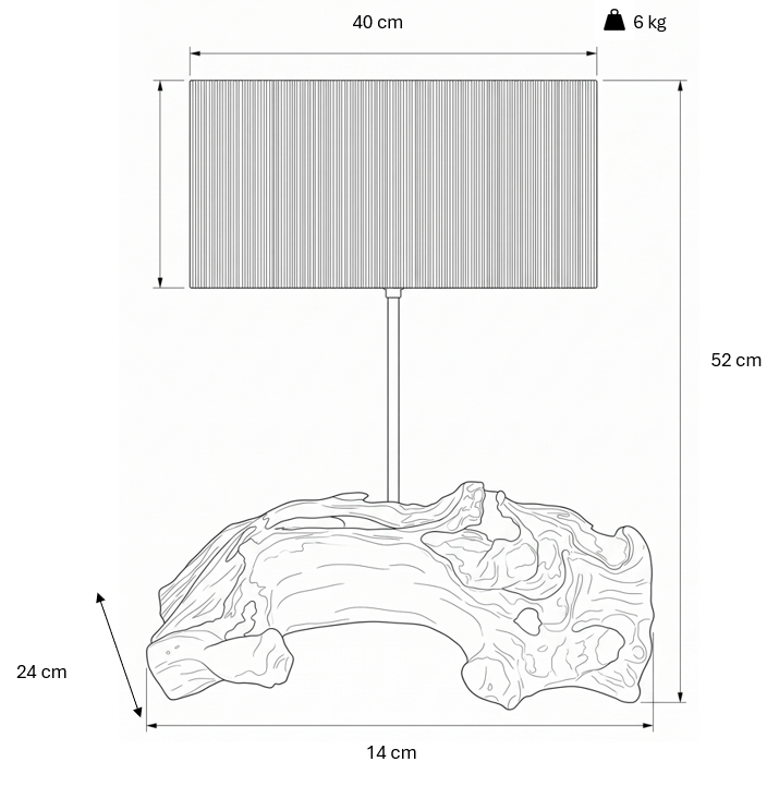 Esquema de dimensões do candeeiro de mesa PONTE: altura 52 cm, largura 24 cm, profundidade 14 cm, abajur 40 cm, peso 6 kg | LAMS Woodcrafts