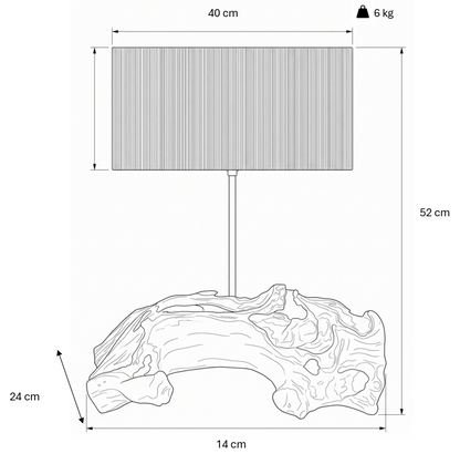 Esquema de dimensões do candeeiro de mesa PONTE: altura 52 cm, largura 24 cm, profundidade 14 cm, abajur 40 cm, peso 6 kg | LAMS Woodcrafts